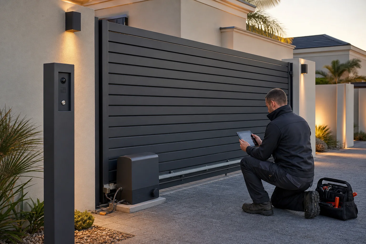 Garage door motor next to a sectional door