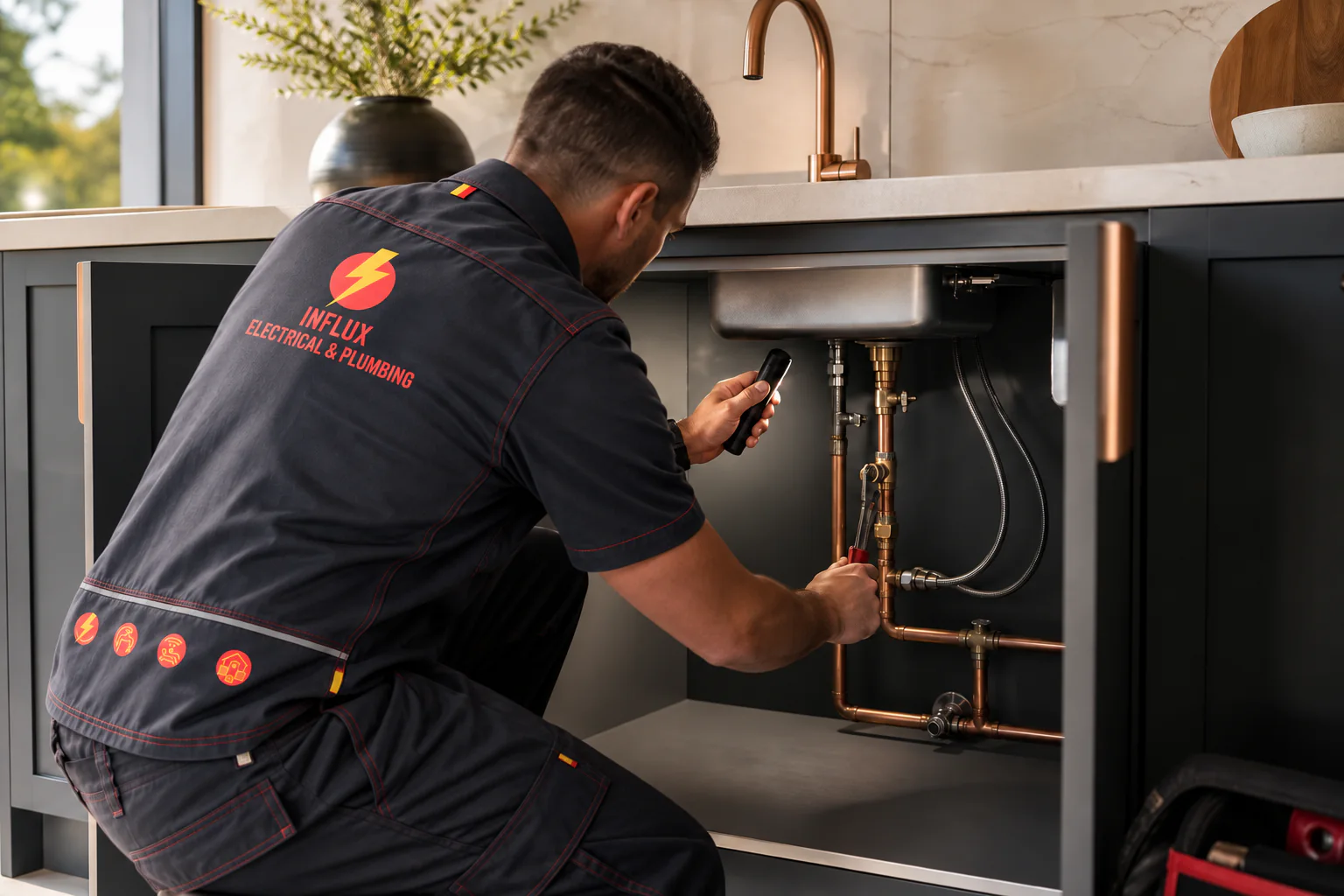 Influx plumber inspecting pipework beneath a kitchen sink in branded workwear