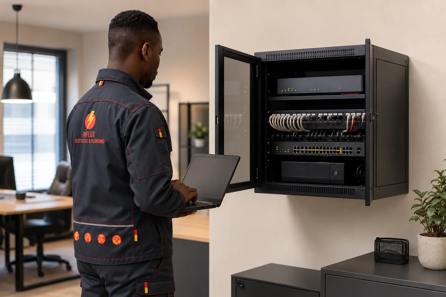 Influx technology technician working on a network cabinet in branded workwear